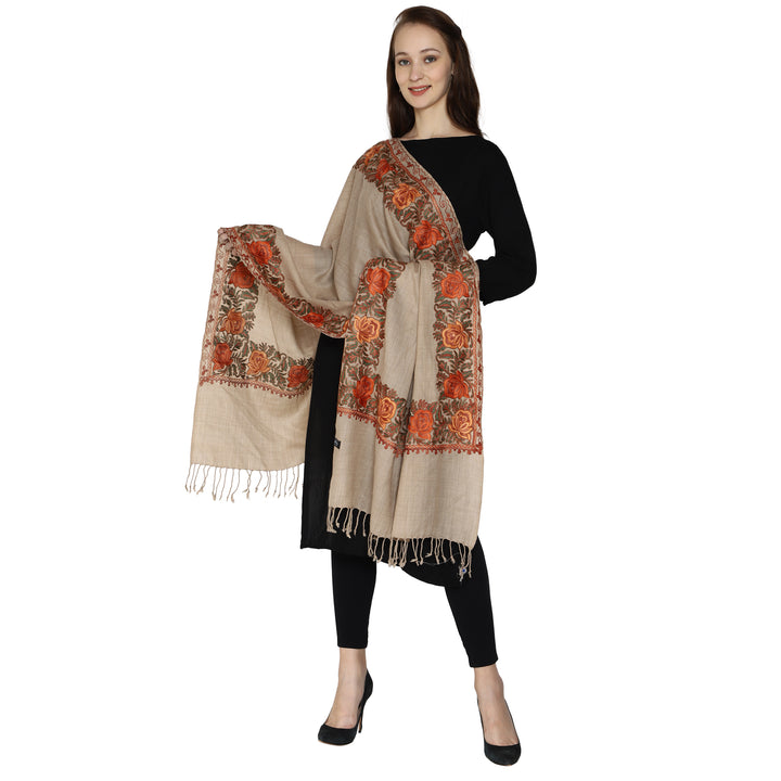 SWI स्टाइलिश महिलाओं के लिए ऊनी स्टोल कश्मीरी कढ़ाई, बहुरंगी बॉर्डर के साथ