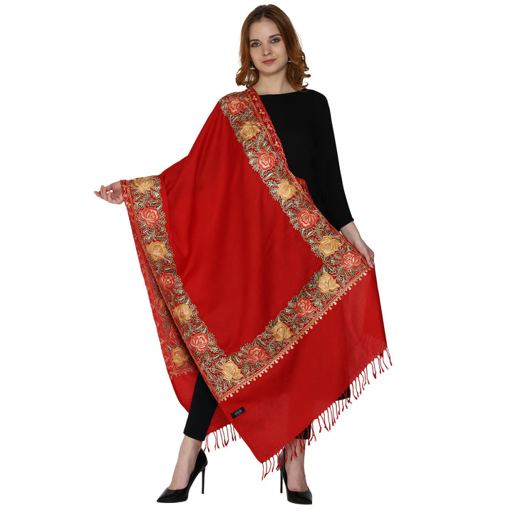 SWI स्टाइलिश महिलाओं के लिए ऊनी स्टोल कश्मीरी कढ़ाई, बहुरंगी बॉर्डर के साथ