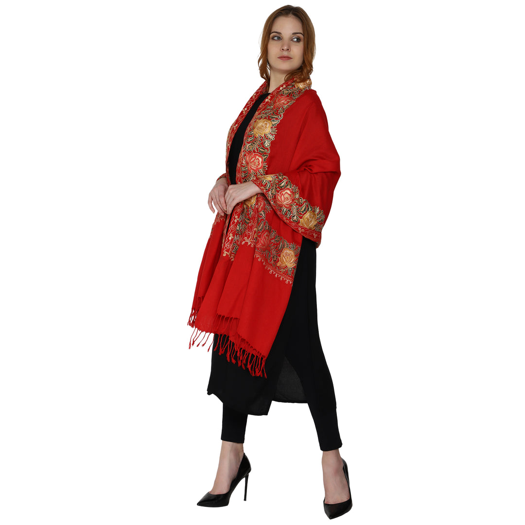 SWI स्टाइलिश महिलाओं के लिए ऊनी स्टोल कश्मीरी कढ़ाई, बहुरंगी बॉर्डर के साथ
