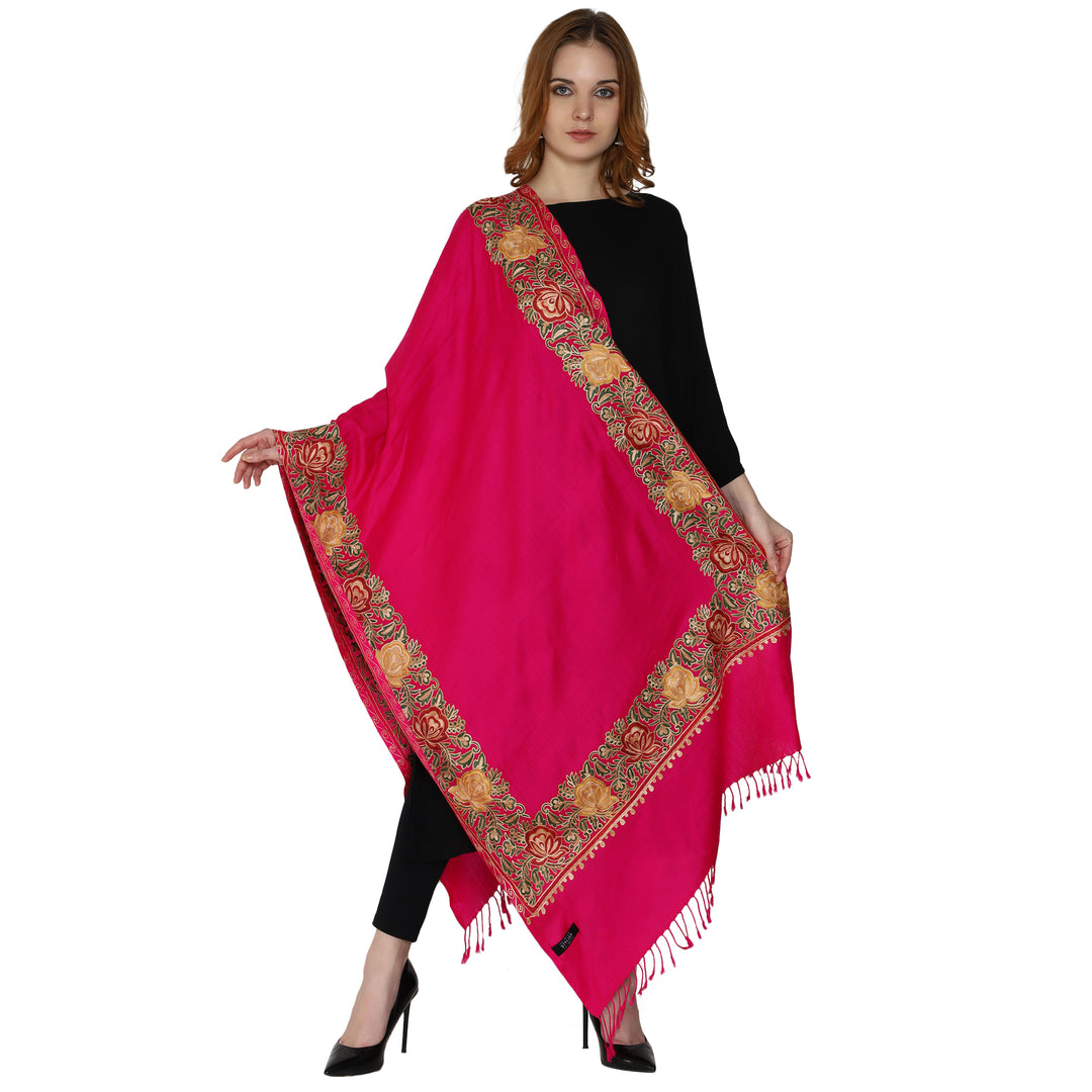 SWI स्टाइलिश महिलाओं के लिए ऊनी स्टोल कश्मीरी कढ़ाई, बहुरंगी बॉर्डर के साथ
