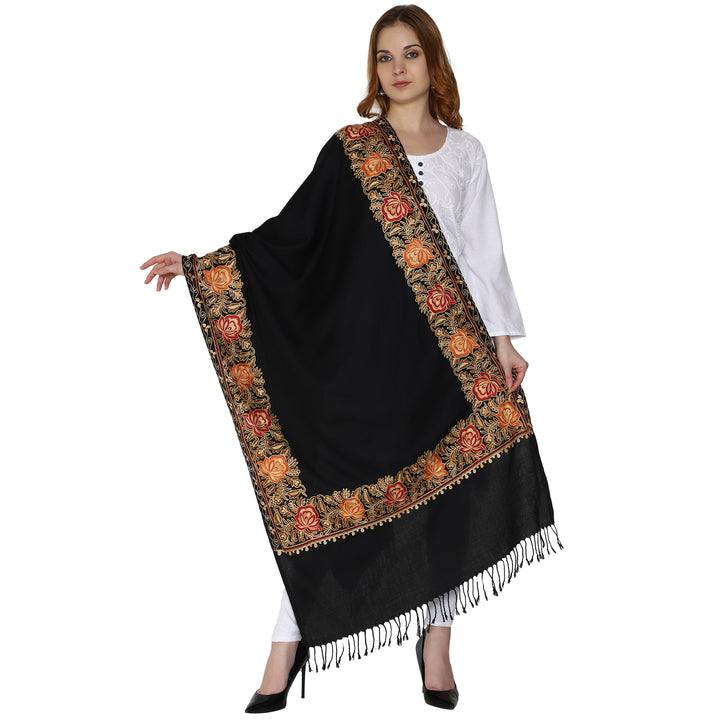 SWI स्टाइलिश महिलाओं के लिए ऊनी स्टोल कश्मीरी कढ़ाई, बहुरंगी बॉर्डर के साथ