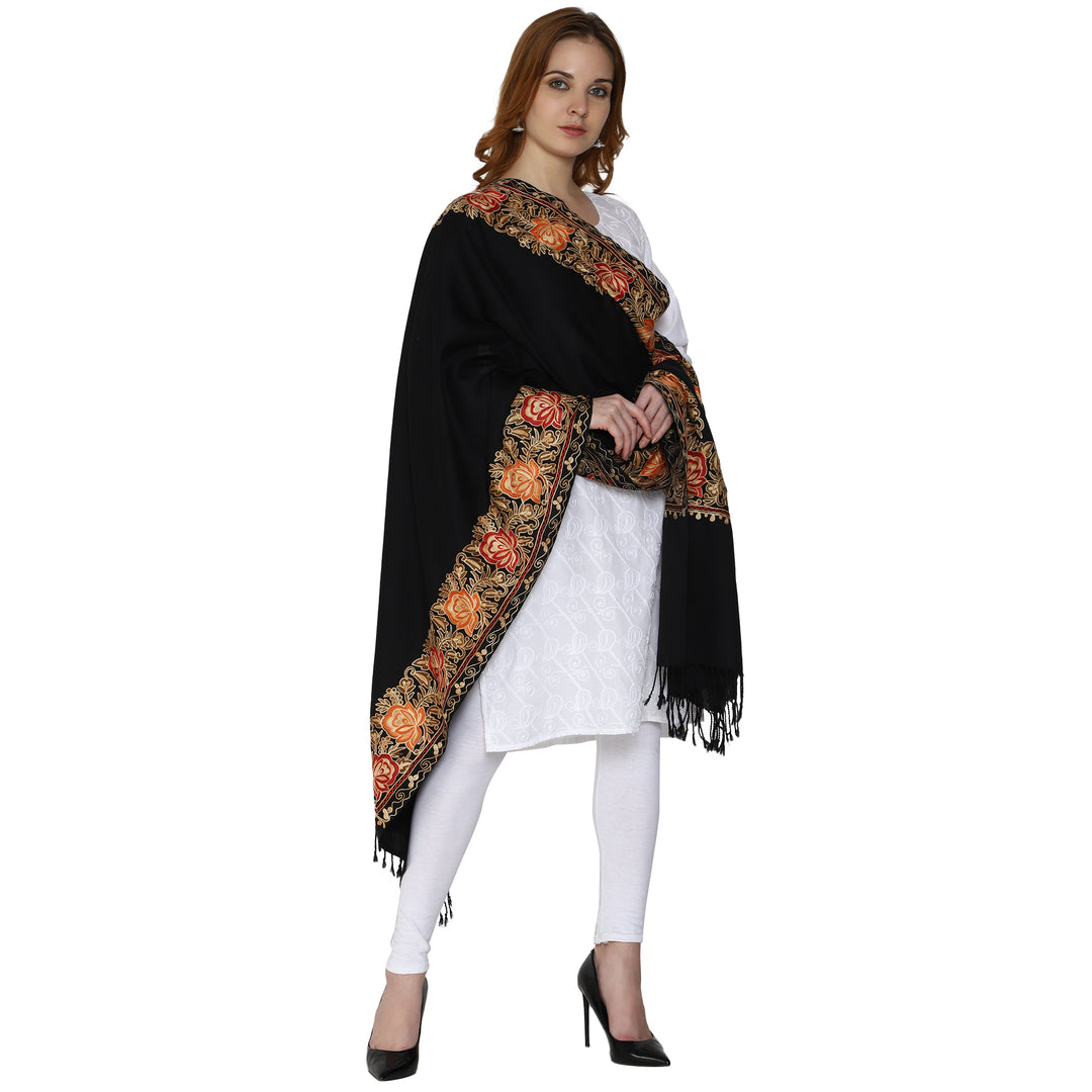 SWI स्टाइलिश महिलाओं के लिए ऊनी स्टोल कश्मीरी कढ़ाई, बहुरंगी बॉर्डर के साथ