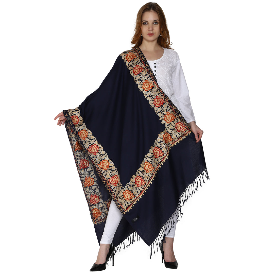 SWI स्टाइलिश महिलाओं के लिए ऊनी स्टोल कश्मीरी कढ़ाई, बहुरंगी बॉर्डर के साथ