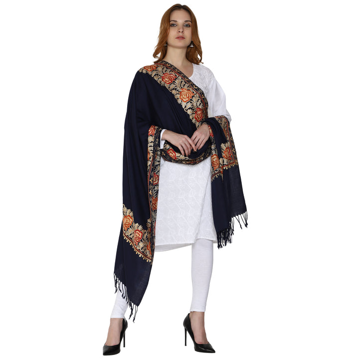 SWI स्टाइलिश महिलाओं के लिए ऊनी स्टोल कश्मीरी कढ़ाई, बहुरंगी बॉर्डर के साथ