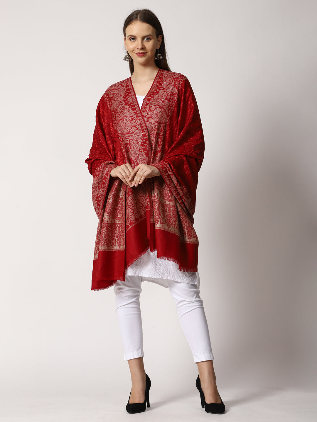 Women's Jamawar Aari Embroidered Wool Shawl