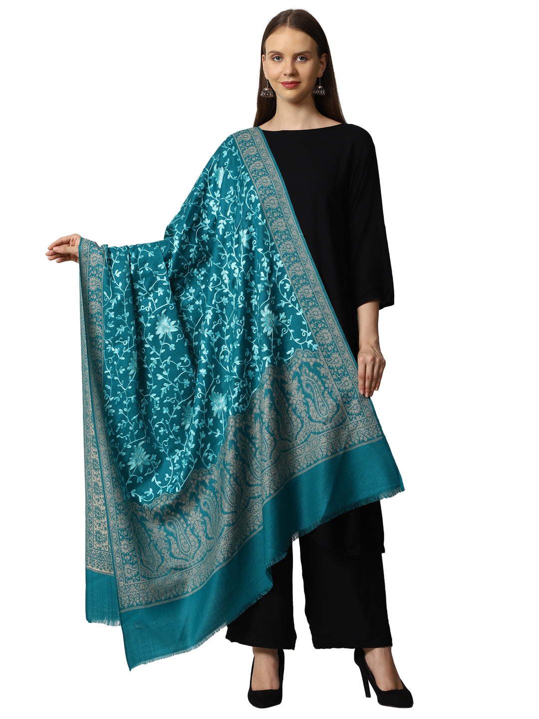 Women's Jamawar Aari Embroidered Wool Shawl
