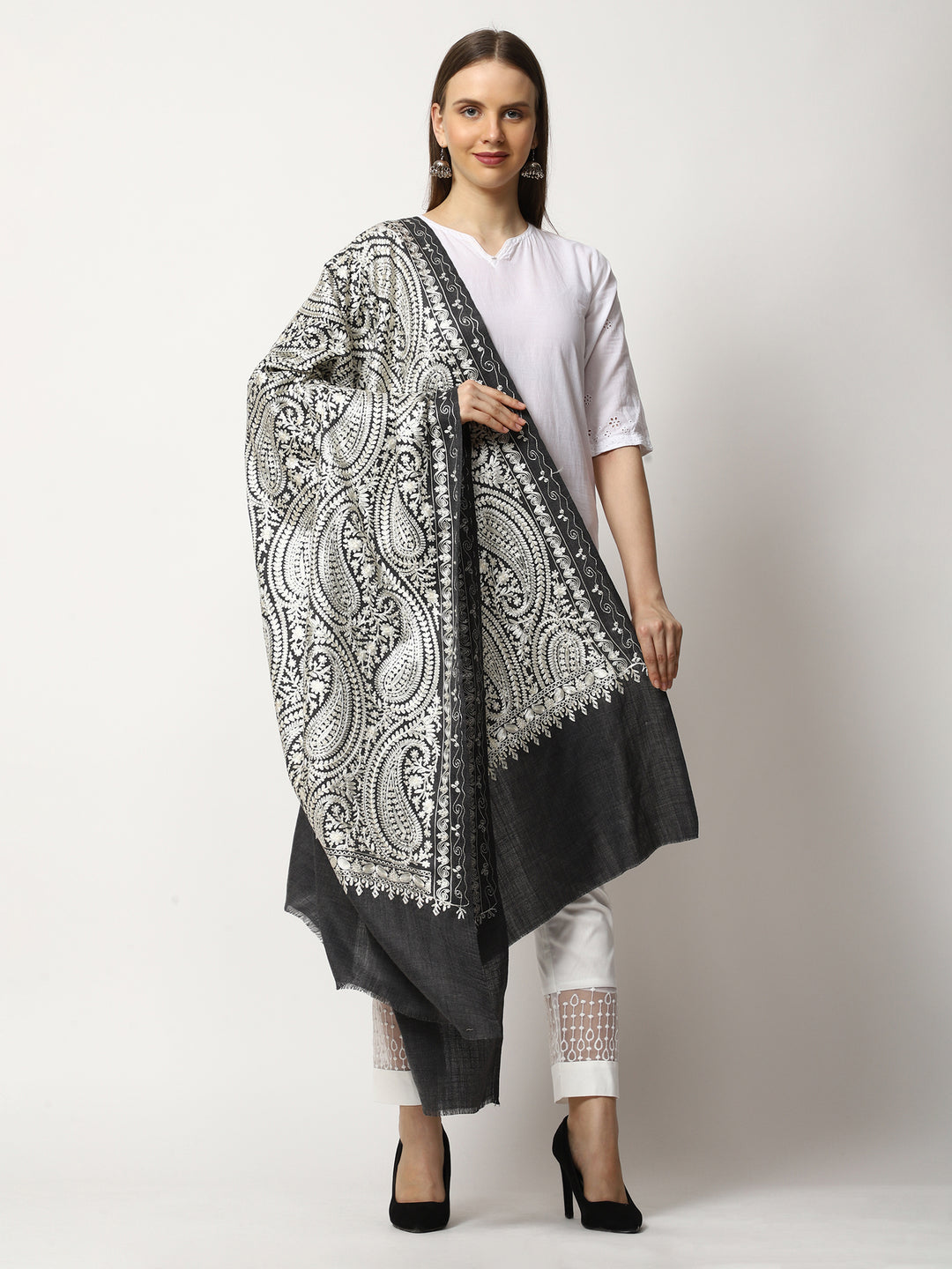 Women's Aari Embroidered Wool Shawl