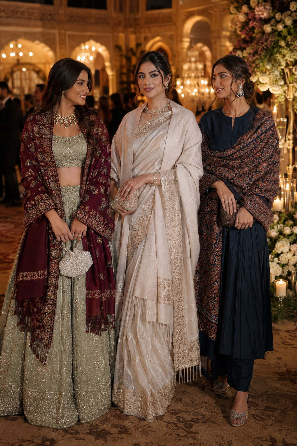 Elegant adult Indian women wearing stylish shawls with a saree, embellished lehenga, and festive winter wedding outfit at a luxury wedding venue.
