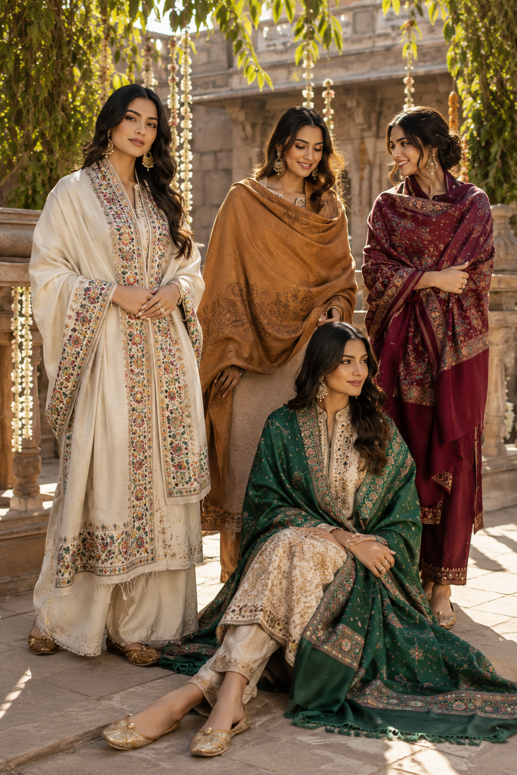 Elegant Indian women wearing premium women's shawls with salwar suits in winter, featuring wool shawls, pashmina shawls, Kashmiri embroidered shawls, and stylish ethnic winter outfit ideas in a luxurious outdoor setting.