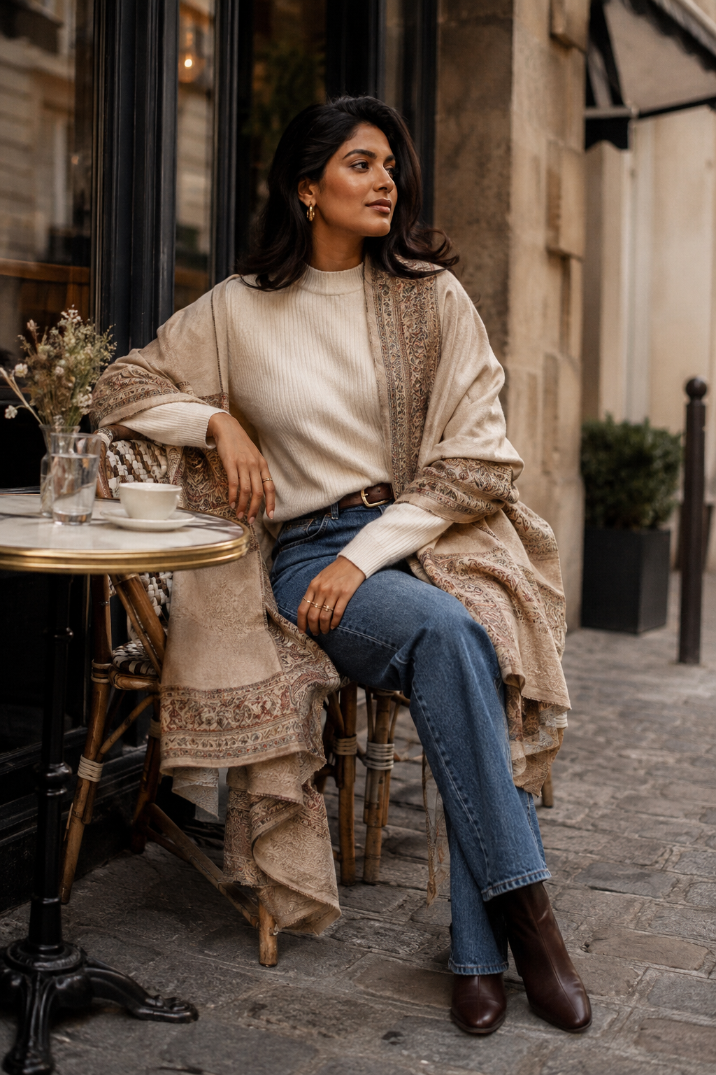 Elegant woman wearing a stylish shawl with blue jeans and a western winter outfit, showing a modern casual denim look with layered shawl styling.