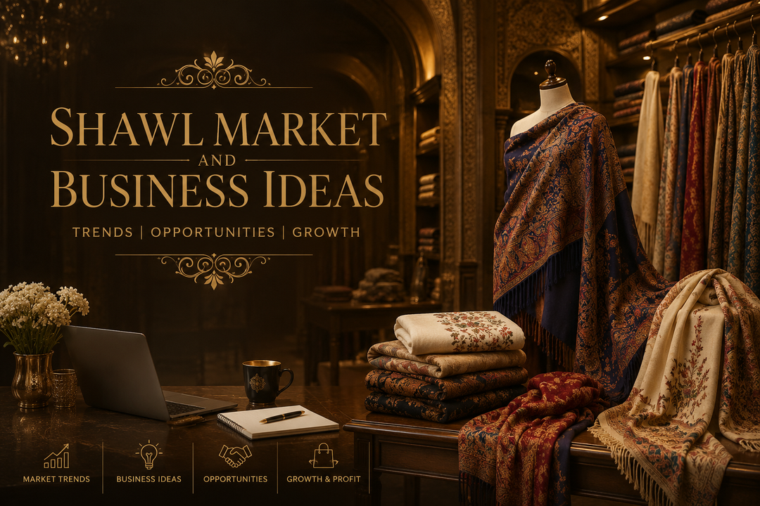 Luxury wool, embroidered, handmade, and pashmina shawls displayed in a premium fashion boutique representing profitable shawl market and business ideas for entrepreneurs.