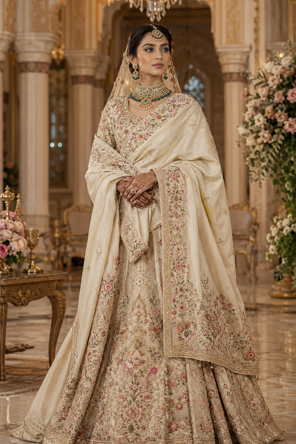 Elegant bride wearing an embroidered ivory bridal pashmina shawl over a luxury wedding lehenga inside a grand wedding venue, showcasing timeless bridal shawl styling ideas for winter and traditional weddings.