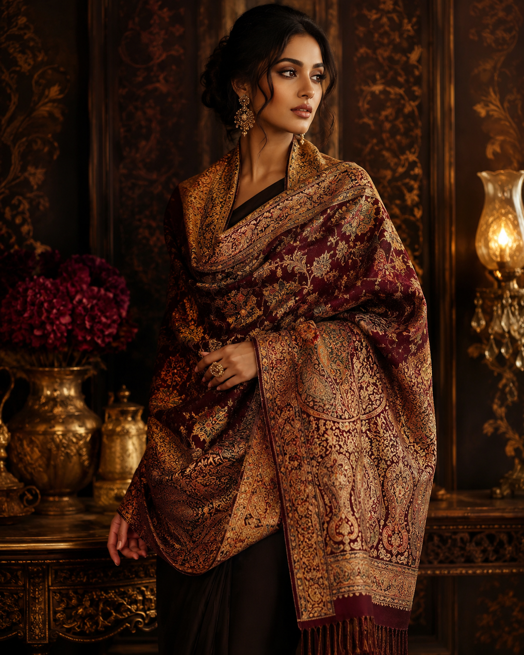 Traditional Indian Shawls featuring authentic Kashmiri shawls, luxurious Pashmina shawls, handcrafted embroidery, and elegant heritage-inspired styling in a premium Indian textile setting.