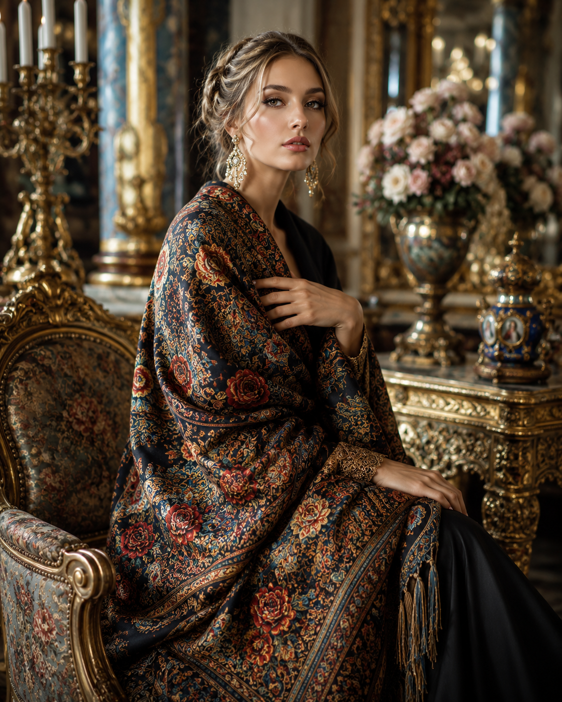 Elegant woman wearing a luxurious embroidered beige wool shawl during winter with a premium outdoor background showcasing timeless warmth and sophisticated fashion.