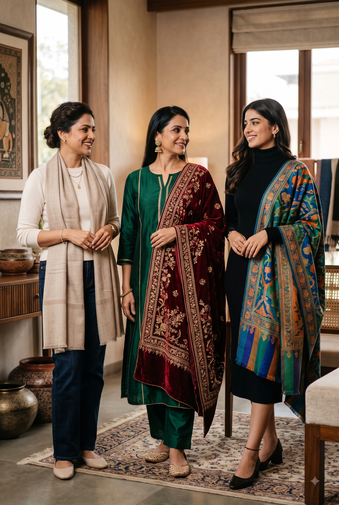 Elegant Indian women wearing stylish shawls in different ways, including casual layering, office outfits, ethnic fashion, and statement shawl styling in a luxury fashion setting.