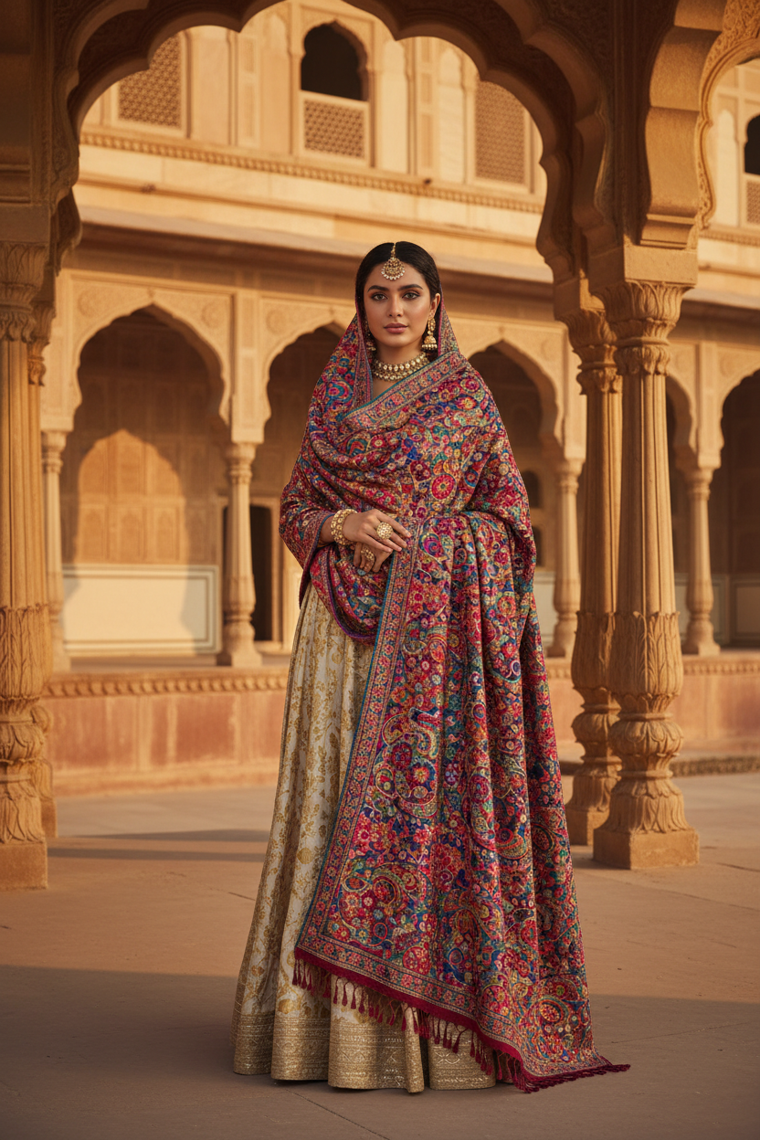 Elegant woman wearing a luxurious handcrafted Kashmiri Pashmina shawl in front of traditional Indian heritage architecture, showcasing the cultural significance of shawls, timeless craftsmanship, and ethnic fashion.
