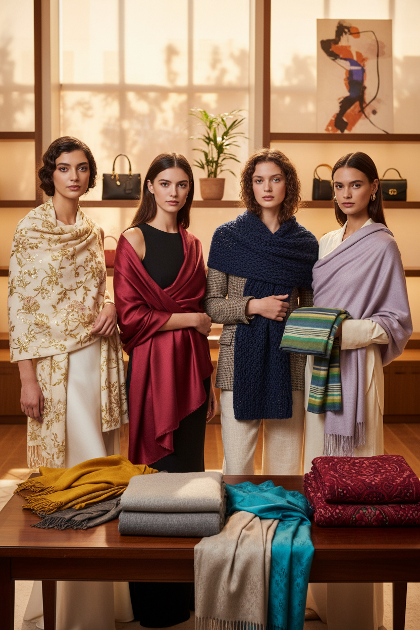 Elegant collection of different types of shawls including wool, pashmina, silk, cotton, cashmere, and embroidered shawls displayed in a luxury fashion setting for women.
