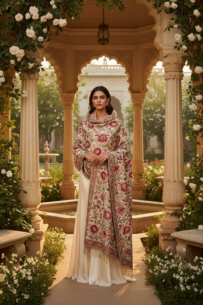 Elegant woman wearing a luxury floral embroidered shawl with vibrant botanical patterns in a beautiful heritage garden, showcasing premium floral shawl designs for winter and festive fashion.