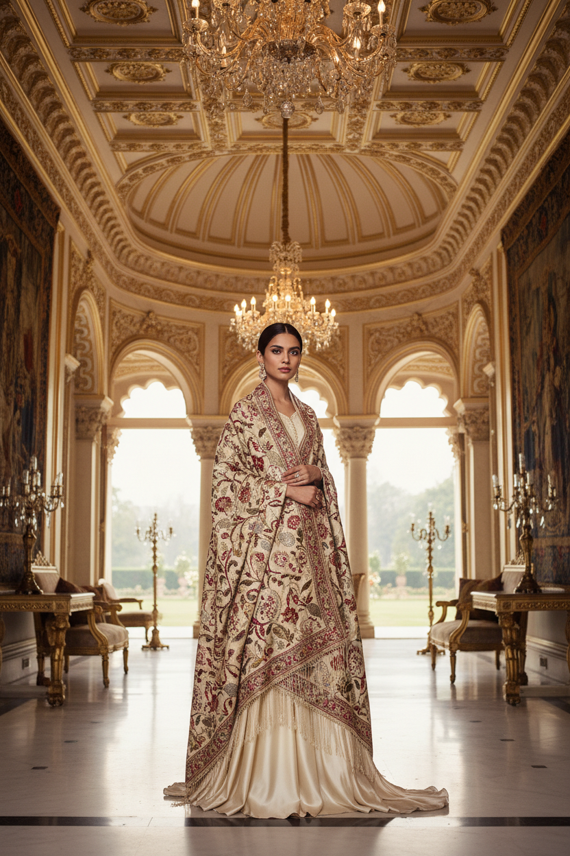 Elegant woman wearing a luxury embroidered designer pashmina shawl inside a grand palace, showcasing the Designer Shawls Collection with premium craftsmanship, rich textures, and timeless fashion from SWI Stylish.