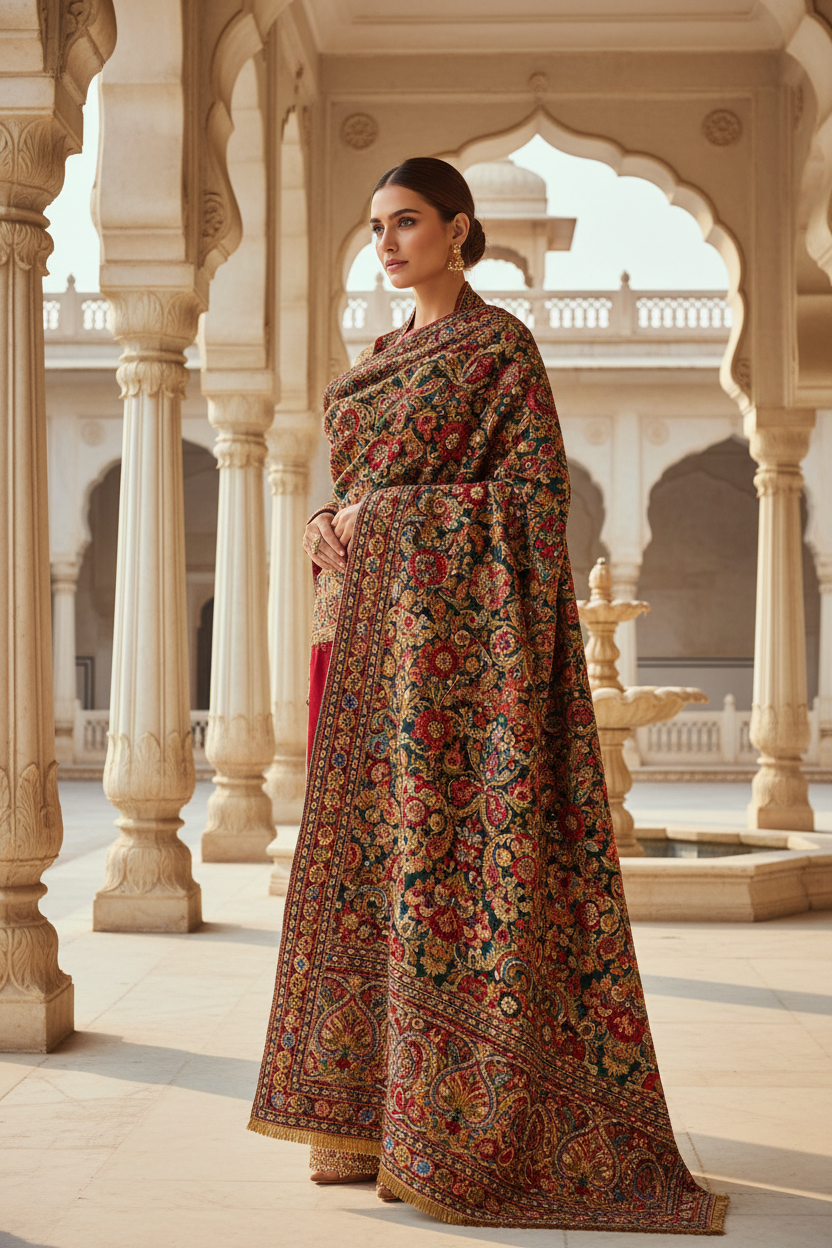Elegant woman wearing a luxurious embroidered shawl featuring intricate border designs, floral embroidery, Kashmiri-inspired craftsmanship, premium wool fabric, and timeless ethnic fashion styling.