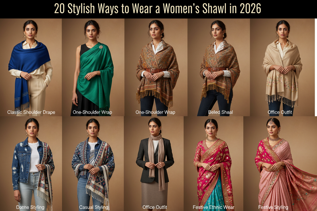 Elegant Indian women wearing women's shawls in different stylish draping techniques, including casual, office, festive, saree, and winter outfit styles.
