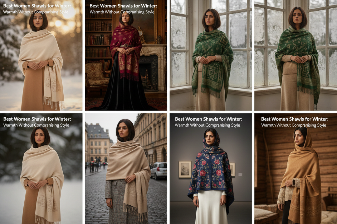 Elegant adult Indian women wearing warm wool and Kashmiri-inspired shawls in stylish winter outfits, showing different ways to style women's shawls for cold weather.