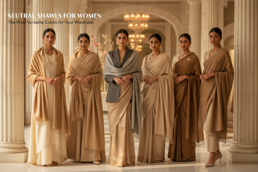 Elegant adult Indian women wearing beige, cream, taupe, camel, grey, and brown neutral shawls with modern and traditional outfits in a luxury fashion setting.