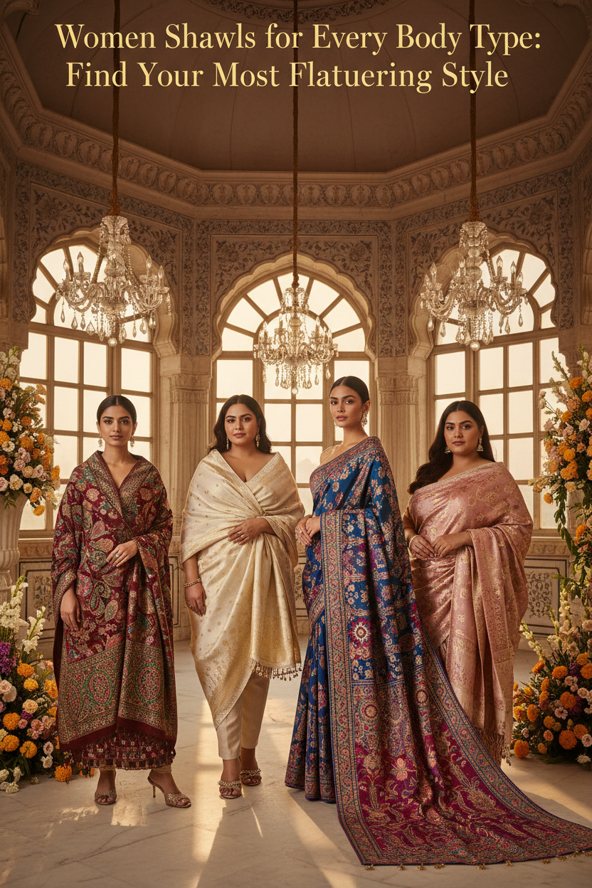 Elegant Indian women with different body shapes wearing premium shawls in flattering draping styles, demonstrating women shawls for every body type.