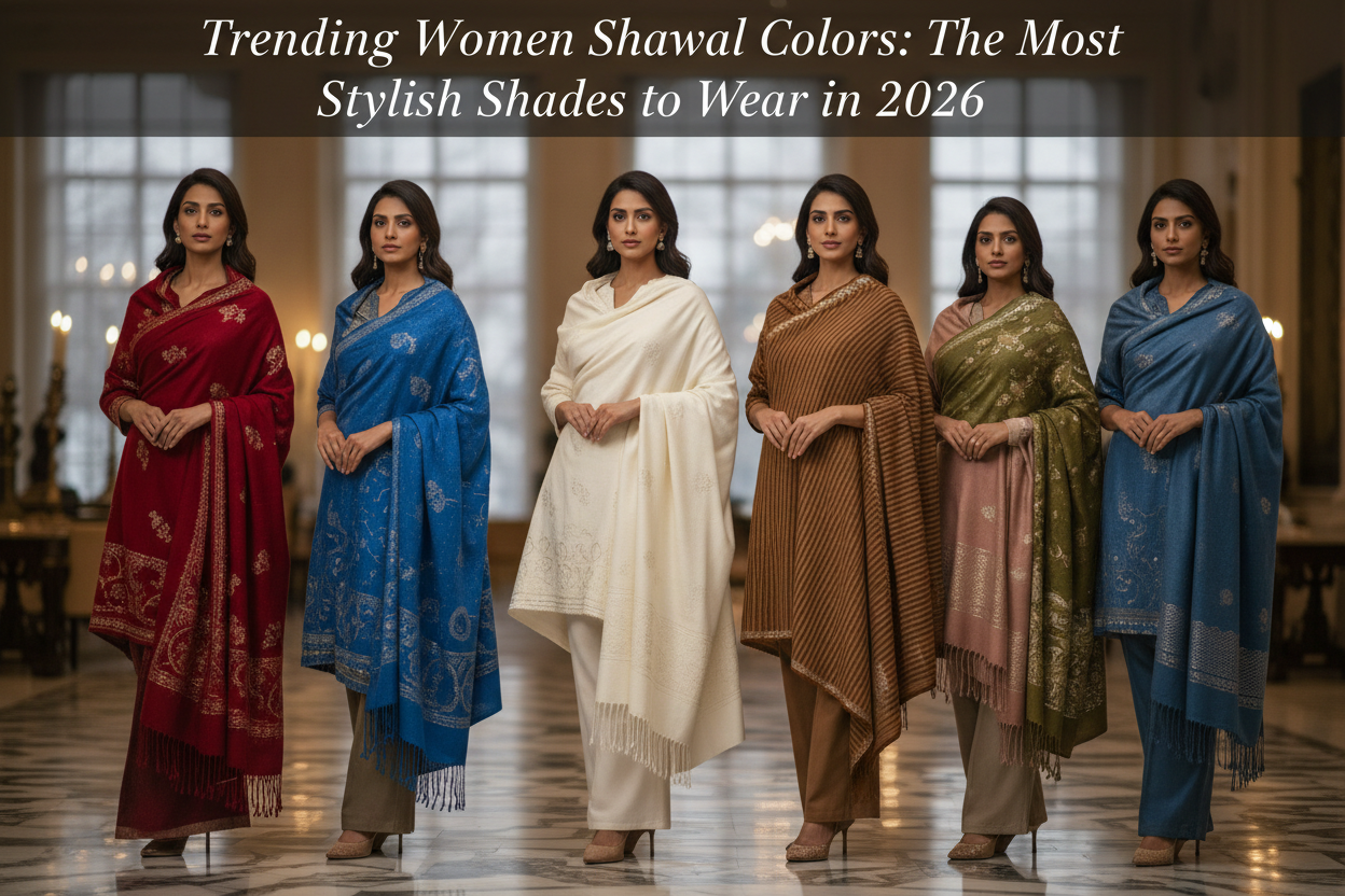 Elegant adult Indian women wearing fashionable winter shawls in red mahogany, cobalt blue, soft white, chocolate brown, burnt olive, muted clay, and maritime blue, styled with modern and ethnic outfits in a luxury fashion editorial setting.
