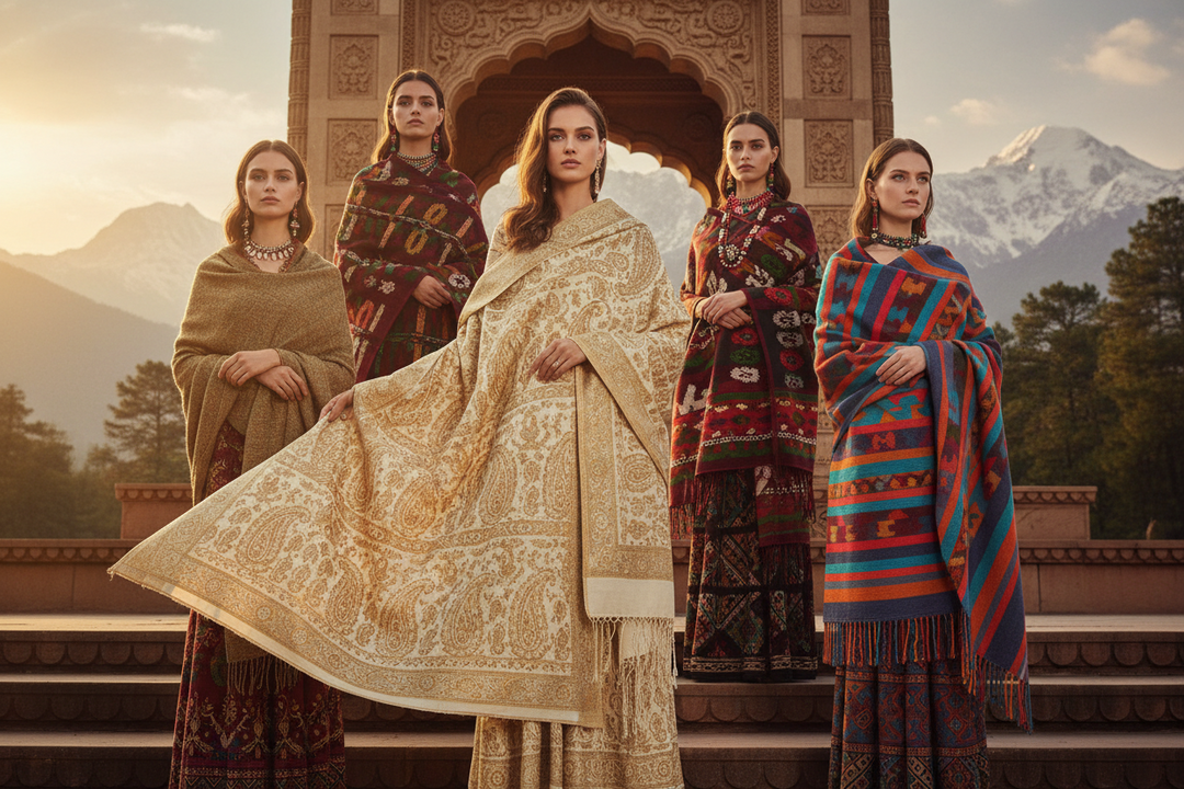 Elegant models wearing authentic Regional Shawl Styles Across India including Kashmiri Pashmina, Kullu, Himachali, and Naga handmade shawls in a luxurious editorial fashion setting showcasing India's textile heritage.