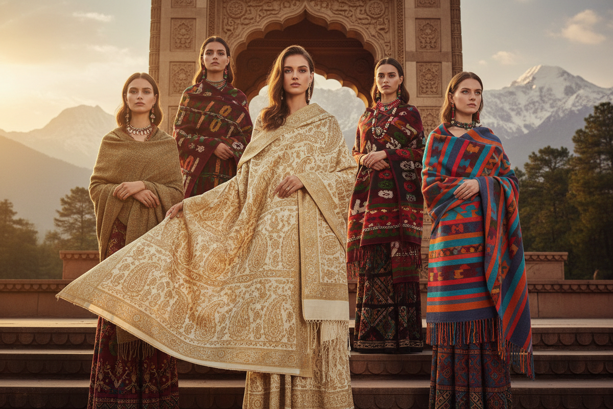 Elegant models wearing authentic Regional Shawl Styles Across India including Kashmiri Pashmina, Kullu, Himachali, and Naga handmade shawls in a luxurious editorial fashion setting showcasing India's textile heritage.