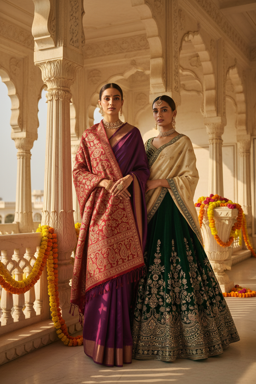Elegant woman wearing an embroidered Pashmina shawl with a traditional silk saree inside a luxurious heritage palace, showcasing perfect matching shawls with ethnic outfits for weddings and festive Indian fashion.