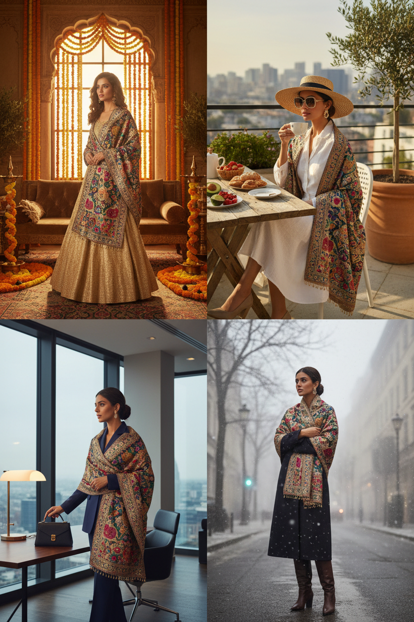 Elegant woman wearing a beautifully embroidered shawl styled for weddings, casual outings, office wear, and winter fashion, showcasing versatile shawl styling ideas for every occasion.