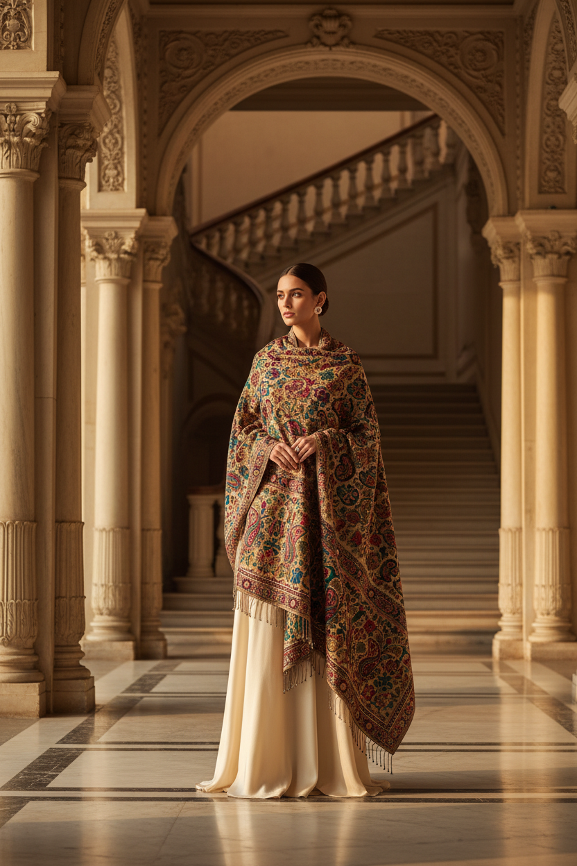 Elegant woman wearing a luxury designer Pashmina shawl with intricate embroidery in a premium heritage setting, showcasing timeless craftsmanship, sophisticated fashion, and luxurious styling.
