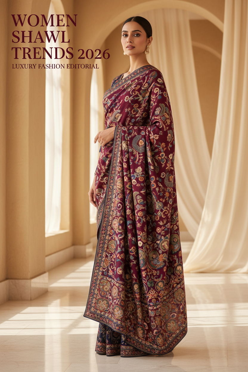 Elegant Indian woman wearing a fashionable embroidered women's shawl in a luxury setting, showcasing women shawl trends 2026, modern designs, premium fabrics, and stylish colors.