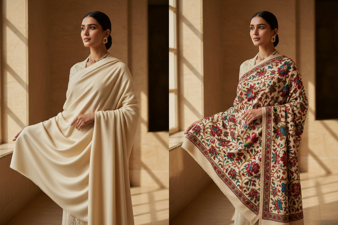Indian woman styling a printed floral shawl and a solid color wool shawl, comparing two elegant women's shawl styles for ethnic and western outfits.