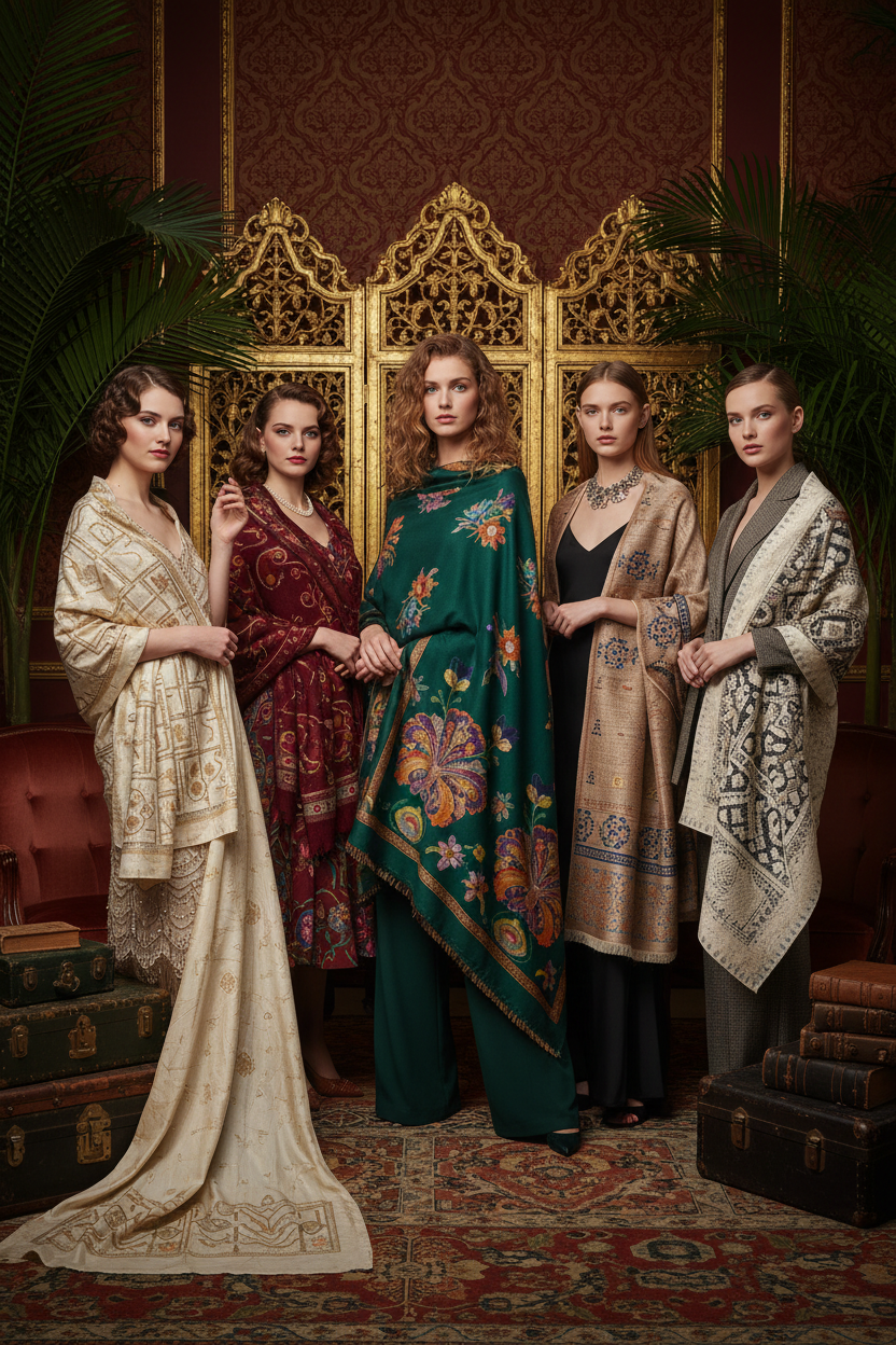 Elegant shawl fashion collection showing vintage, traditional Indian, and modern shawl styles inspired by fashion trends from different decades.