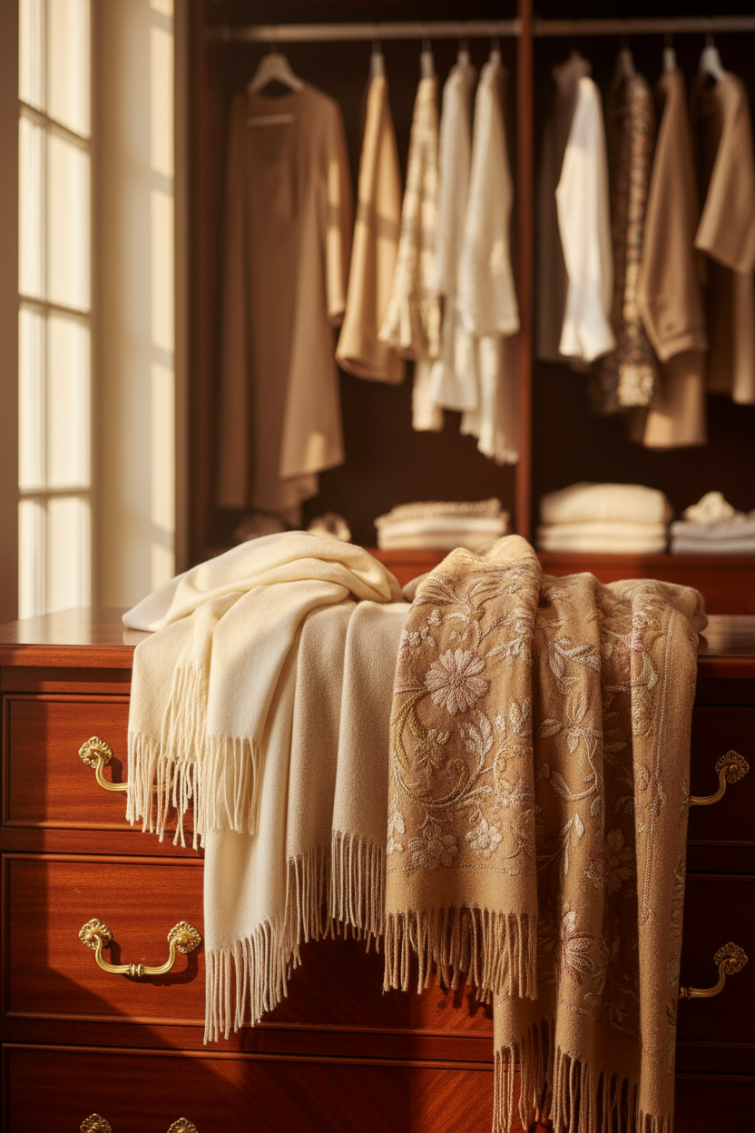 Elegant luxury shawls including pashmina, wool, and embroidered designs neatly folded with textile care accessories, demonstrating proper luxury shawl care and storage techniques.