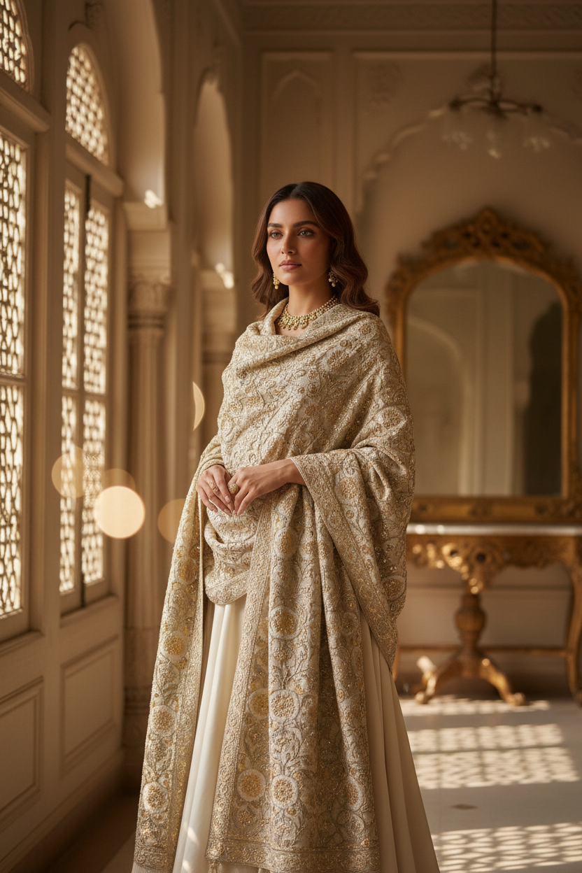 Elegant woman wearing a beautifully embroidered shawl featuring intricate floral embroidery, showcasing luxury craftsmanship and timeless fashion appeal.