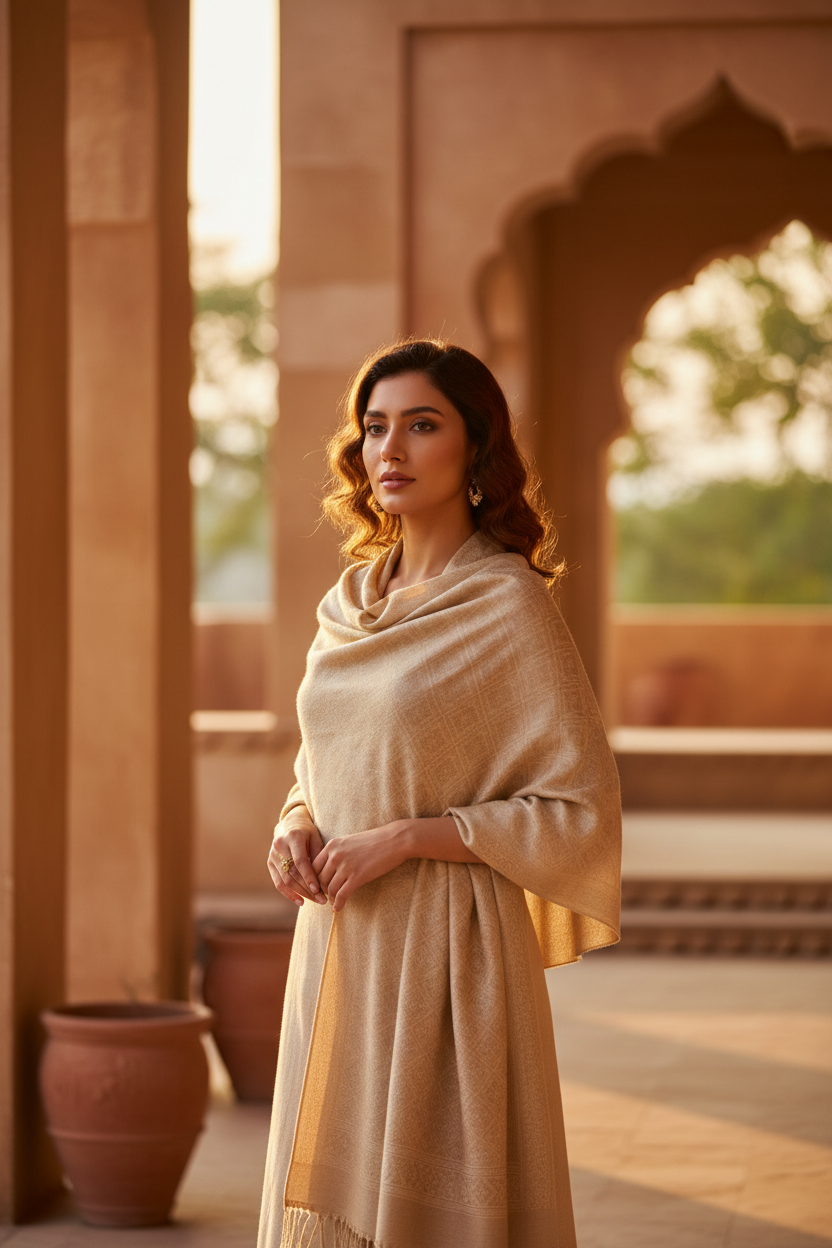Elegant woman wearing a genuine handcrafted high-quality Pashmina shawl, highlighting soft natural fibers, premium weaving, and timeless luxury fashion.