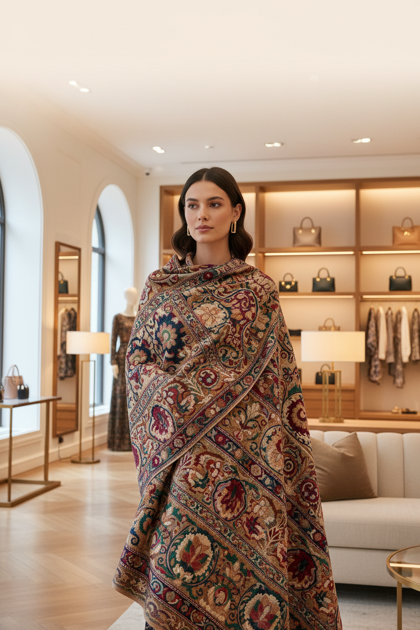 Elegant woman wearing a luxurious embroidered shawl showcasing beautiful shawl color combinations with traditional and modern fashion styling in a premium boutique setting.