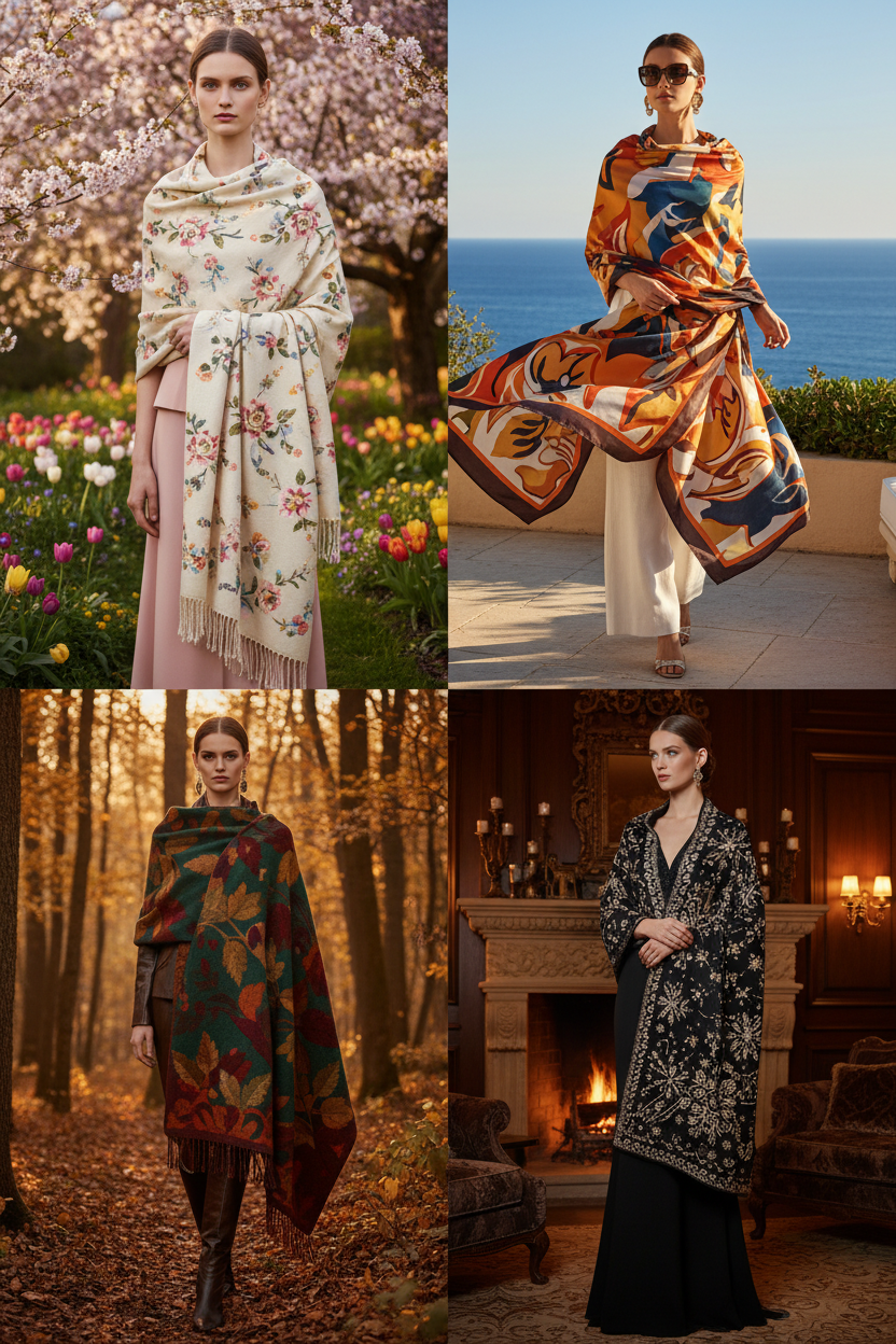 Elegant woman wearing premium seasonal shawls in spring, summer, autumn, and winter styles featuring luxury wool, pashmina, printed, and designer shawls from SWI Stylish.