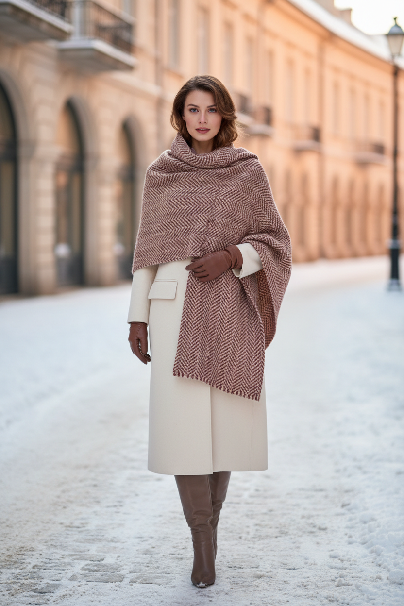 Elegant woman wearing a premium wool winter shawl in a snowy outdoor setting, showcasing stylish winter fashion with a luxurious warm wrap.