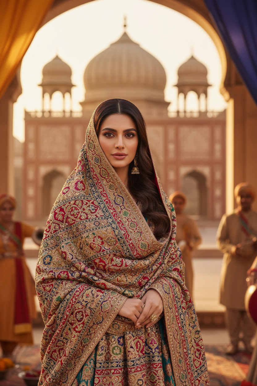 Elegant woman wearing a handcrafted embroidered traditional shawl during a cultural celebration, showcasing timeless heritage, religious elegance, and premium craftsmanship.