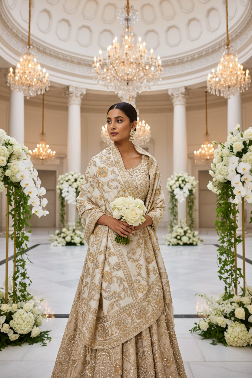 Elegant bride wearing an embroidered ivory pashmina wedding shawl over a luxurious bridal lehenga inside a grand palace with soft golden lighting, showcasing timeless wedding fashion and premium bridal accessories.