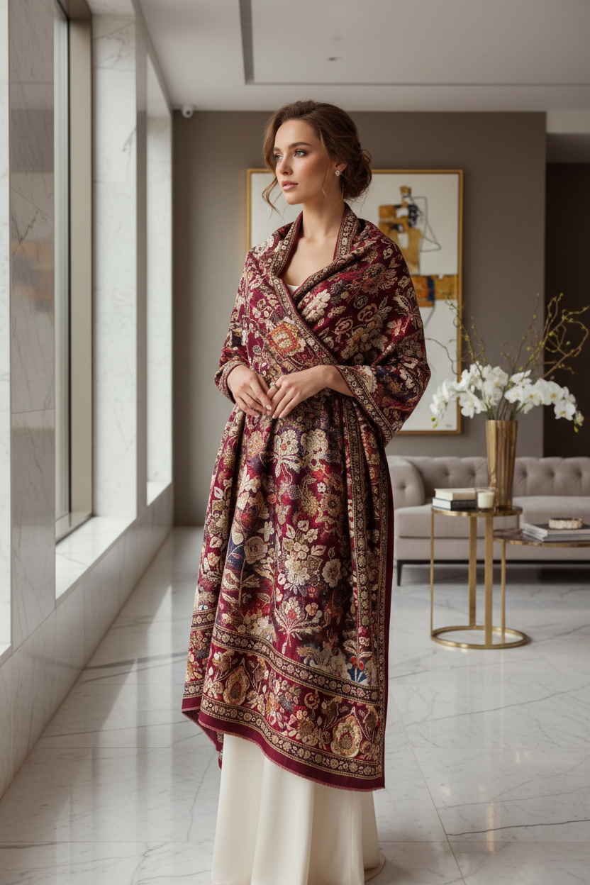 Elegant woman wearing the latest embroidered designer shawl with luxurious fabric, modern fashion styling, premium indoor setting, trendy women's shawl collection, Pinterest fashion inspiration.