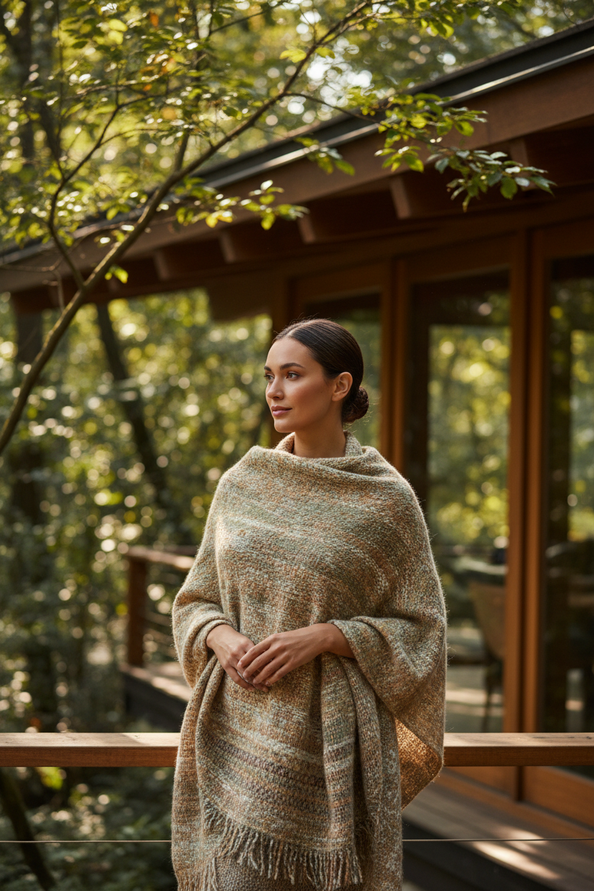 Elegant woman wearing an eco-friendly and sustainable shawl made from organic natural fibers in a luxury outdoor setting, showcasing ethical fashion, handcrafted weaving, premium sustainable fabric, and timeless style.