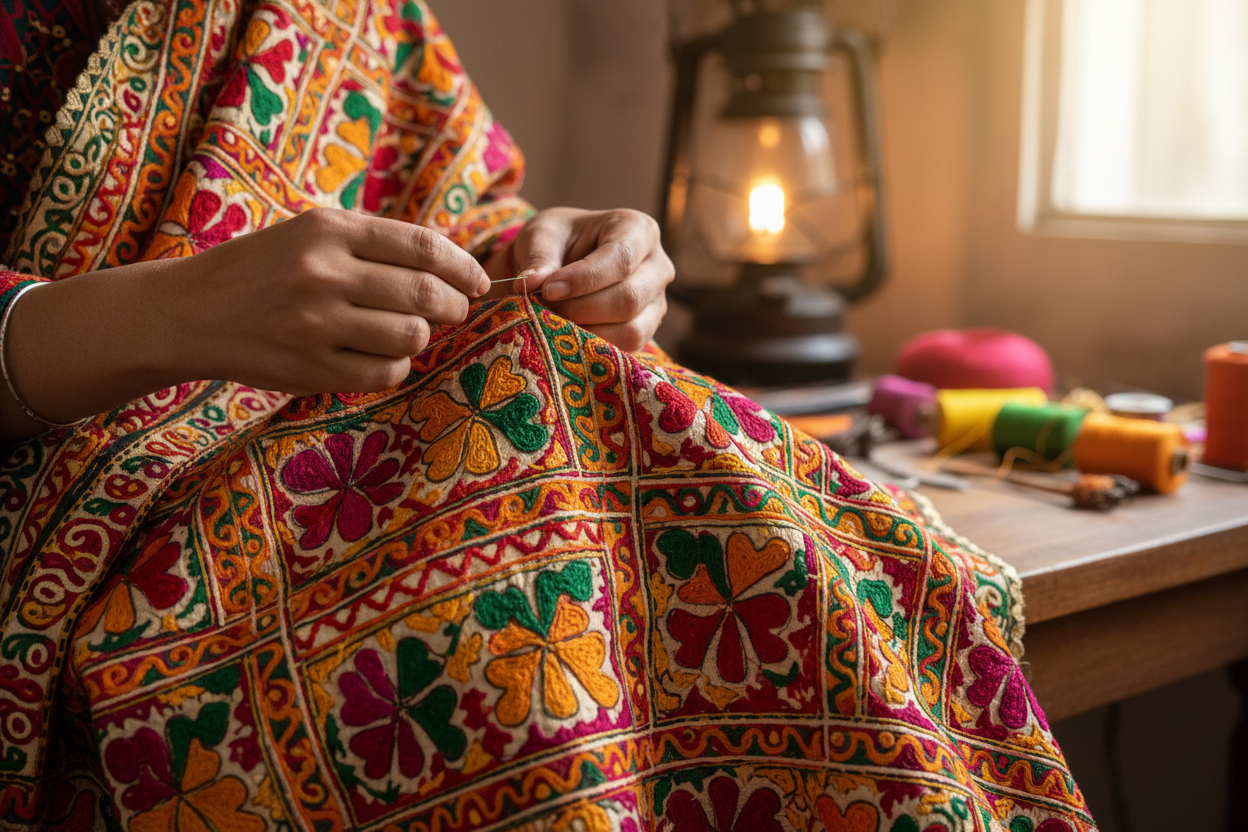 Lady hand embroidering traditional phulkari dupatta