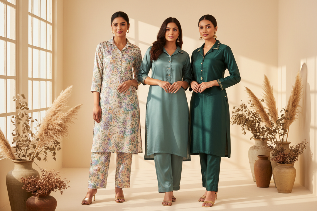Three Indian women wearing summer co-ord sets — floral printed kurta trouser set in pastel tones, plain satin kurta set in teal, and embroidered silk blend co-ord set in bottle green — ethnic fashion by SWI Stylish