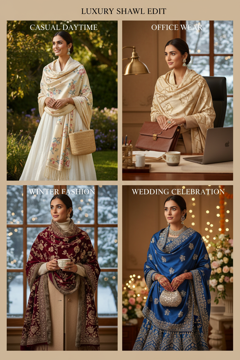 Elegant woman wearing a luxurious embroidered shawl styled in multiple ways for casual, formal, wedding, and winter occasions, showcasing versatile shawl fashion ideas and draping techniques.